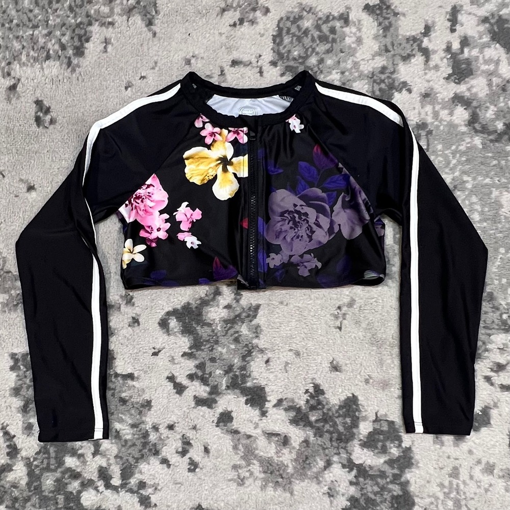 Wonder Nation Girls Floral Long Sleeve Swim Cropped Rash Guard‎ Zip L 10-12 Plus